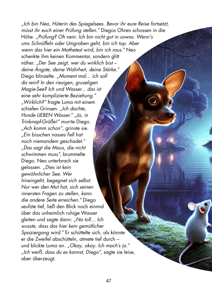 Diego entdeckt Lunaris: liebevoll illustrierte Kinderbuchseite mit sprechenden Tieren und funkelndem Geheimnis